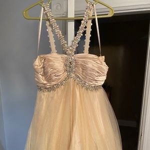 Champagne Ruched Rhinestone Bodice Dress